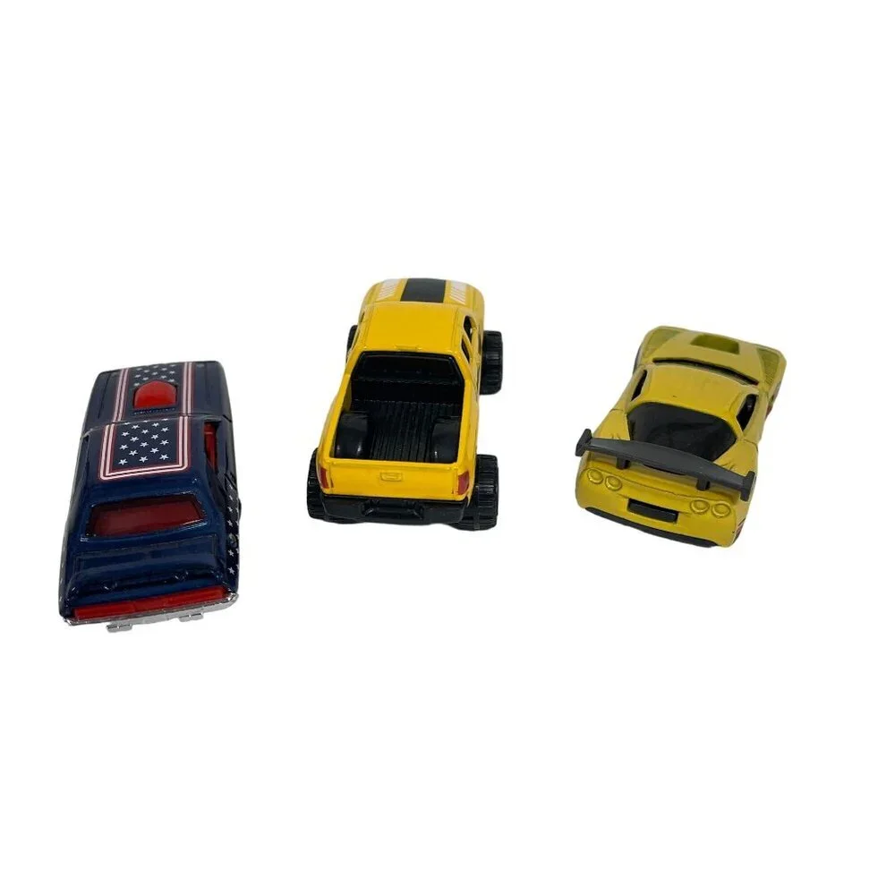 Set Of 3 Die-Cast Toy Cars: Yellow Truck Yellow Sports Car‎ & American Flag Car